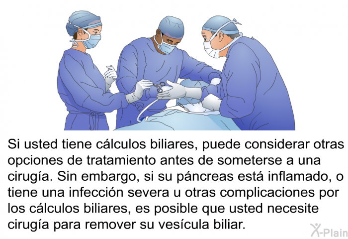 Si usted tiene clculos biliares, puede considerar otras opciones de tratamiento antes de someterse a una ciruga. Sin embargo, si su pncreas est inflamado, o tiene una infeccin severa u otras complicaciones por los clculos biliares, es posible que usted necesite ciruga para remover su vescula biliar.
