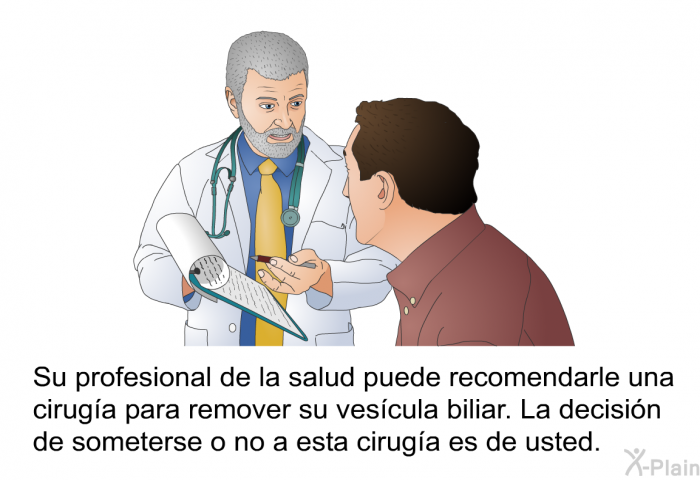 Su profesional de la salud puede recomendarle una ciruga para remover su vescula biliar. La decisin de someterse o no a esta ciruga es de usted.