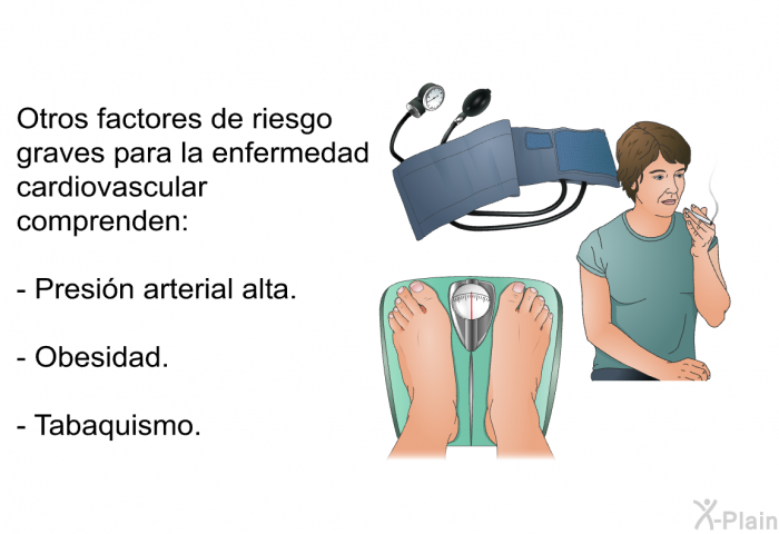 Otros factores de riesgo graves para la enfermedad cardiovascular comprenden:  Presin arterial alta. Obesidad. Tabaquismo.