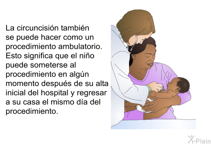 La circuncisin tambin se puede hacer como un procedimiento ambulatorio. Esto significa que el nio puede someterse al procedimiento en algn momento despus de su alta inicial del hospital y regresar a su casa el mismo da del procedimiento.