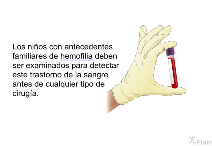 Los nios con antecedentes familiares de hemofilia deben ser examinados para detectar este trastorno de la sangre antes de cualquier tipo de ciruga.