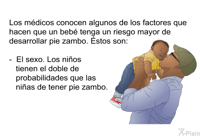 Los mdicos conocen algunos de los factores que hacen que un beb tenga un riesgo mayor de desarrollar pie zambo. Éstos son:  El sexo. Los nios tienen el doble de probabilidades que las nias de tener pie zambo.