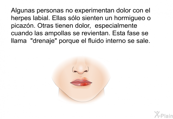 Algunas personas no experimentan dolor con el herpes labial. Ellas slo sienten un hormigueo o picazn. Otras tienen dolor, especialmente cuando las ampollas se revientan. Esta fase se llama “drenaje” porque el fluido interno se sale.