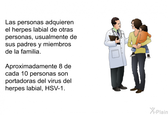 Las personas adquieren el herpes labial de otras personas, usualmente de sus padres y miembros de la familia. Aproximadamente 8 de cada 10 personas son portadoras del virus del herpes labial, HSV-1.