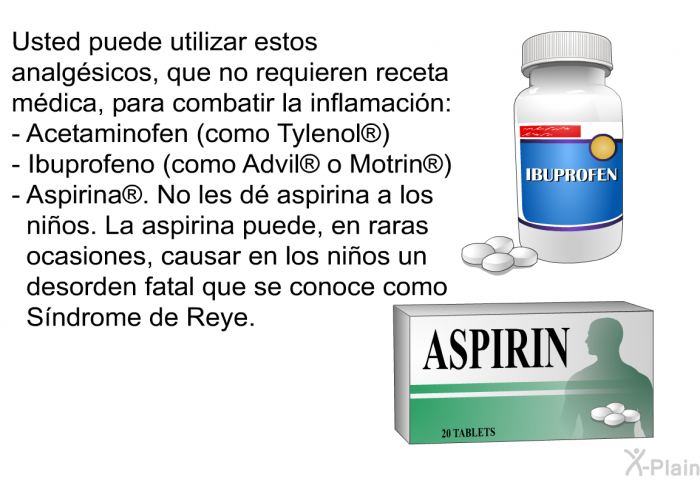 Usted puede utilizar estos analgsicos, que no requieren receta mdica, para combatir la inflamacin:  Acetaminofen (como Tylenol ). Ibuprofeno (como Advil<SUP> </SUP> o Motrin<SUP> </SUP>) Aspirina . No les d aspirina a los nios. La aspirina puede, en raras ocasiones, causar en los nios un desorden fatal que se conoce como Sndrome de Reye.