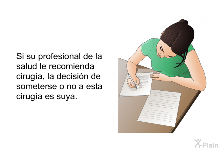 Si su profesional de la salud le recomienda ciruga, la decisin de someterse o no a esta ciruga es suya.