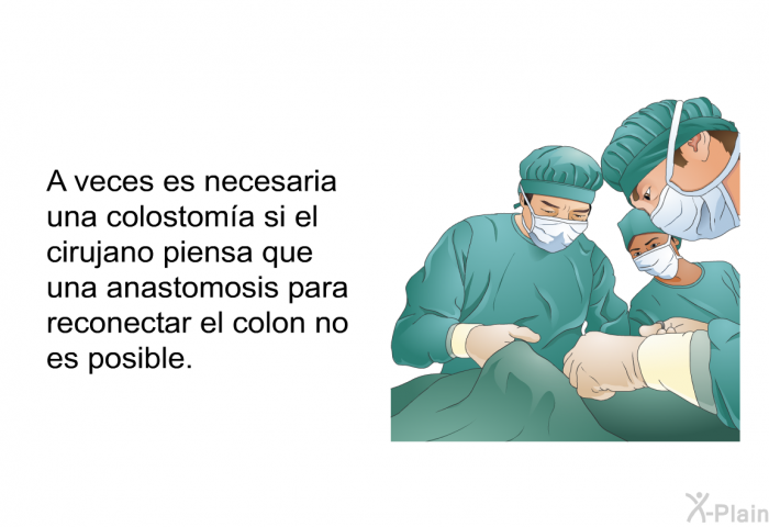 A veces es necesaria una colostoma si el cirujano piensa que una anastomosis para reconectar el colon no es posible.