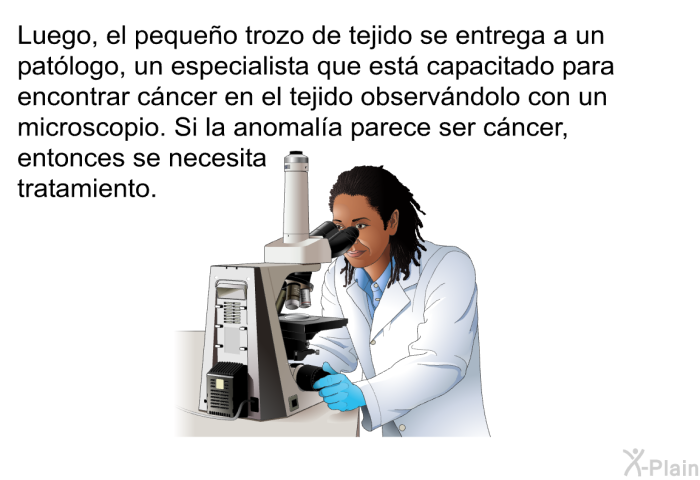 Luego, el peque�o trozo de tejido se entrega a un pat�logo, un especialista que est� capacitado para encontrar c�ncer en el tejido observ�ndolo con un microscopio. Si la anomal�a parece ser c�ncer, entonces se necesita tratamiento.