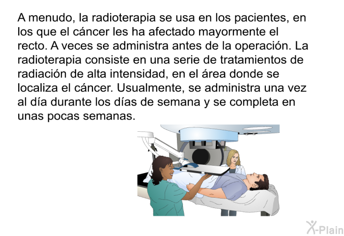 A menudo, la radioterapia se usa en los pacientes, en los que el cncer les ha afectado mayormente el recto. A veces se administra antes de la operacin. La radioterapia consiste en una serie de tratamientos de radiacin de alta intensidad, en el rea donde se localiza el cncer. Usualmente, se administra una vez al da durante los das de semana y se completa en unas pocas semanas.