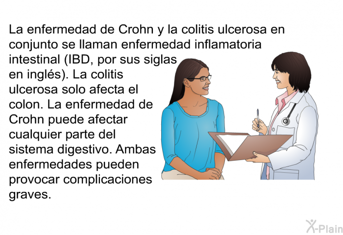La enfermedad de Crohn y la colitis ulcerosa en conjunto se llaman enfermedad inflamatoria intestinal (IBD, por sus siglas en ingls). La colitis ulcerosa solo afecta el colon. La enfermedad de Crohn puede afectar cualquier parte del sistema digestivo. Ambas enfermedades pueden provocar complicaciones graves.