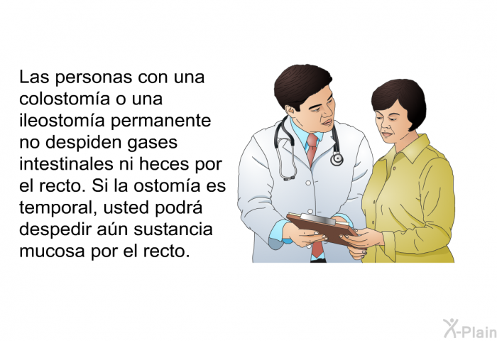 Las personas con una colostoma o una ileostoma permanente no despiden gases intestinales ni heces por el recto. Si la ostoma es temporal, usted podr despedir an sustancia mucosa por el recto.