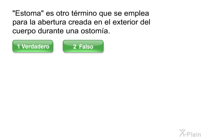 “Estoma” es otro trmino que se emplea para la abertura creada en el exterior del cuerpo durante una ostoma.