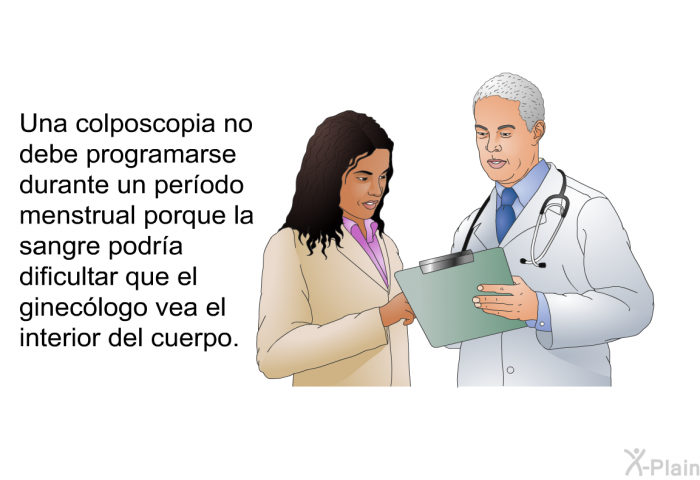 Una colposcopia no debe programarse durante un per�odo menstrual porque la sangre podr�a dificultar que el ginec�logo vea el interior del cuerpo.