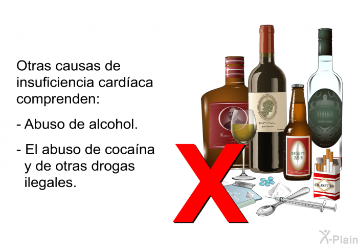 Otras causas de insuficiencia cardaca comprenden:  Abuso de alcohol. El abuso de cocana y de otras drogas ilegales.
