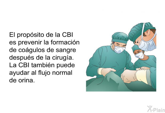 El propsito de la CBI es prevenir la formacin de cogulos de sangre despus de la ciruga. La CBI tambin puede ayudar al flujo normal de orina.