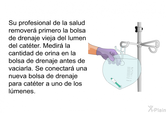 Su profesional de la salud remover primero la bolsa de drenaje vieja del lumen del catter. Medir la cantidad de orina en la bolsa de drenaje antes de vaciarla. Se conectar una nueva bolsa de drenaje para catter a uno de los lmenes.