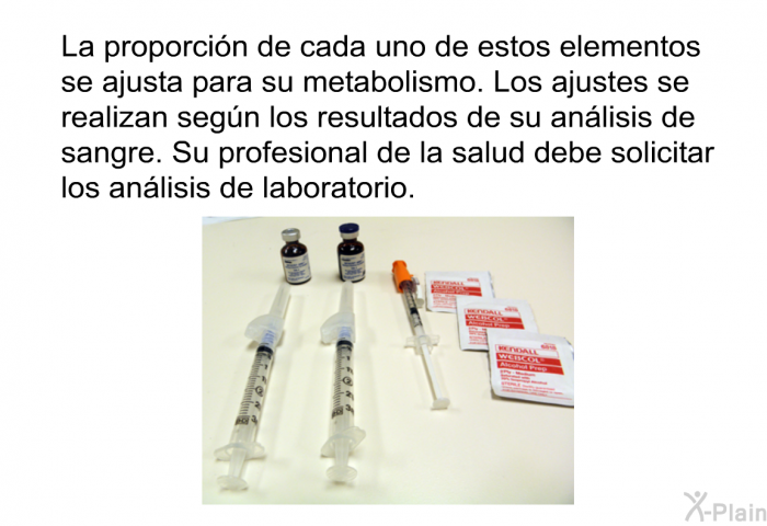 La proporcin de cada uno de estos elementos se ajusta para su metabolismo. Los ajustes se realizan segn los resultados de su anlisis de sangre. Su profesional de la salud debe solicitar los anlisis de laboratorio.