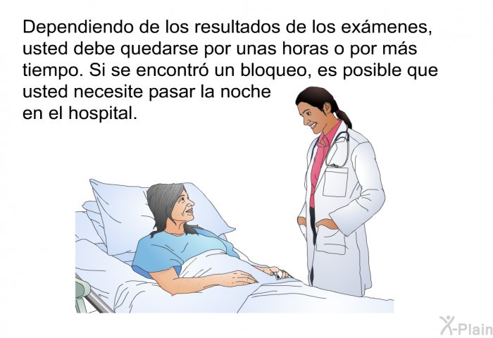Dependiendo de los resultados de los exmenes, usted debe quedarse por unas horas o por ms tiempo. Si se encontr un bloqueo, es posible que usted necesite pasar la noche en el hospital.