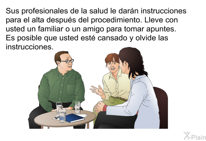 Sus profesionales de la salud le darn instrucciones para el alta despus del procedimiento. Lleve con usted un familiar o un amigo para tomar apuntes. Es posible que usted est cansado y olvide las instrucciones.