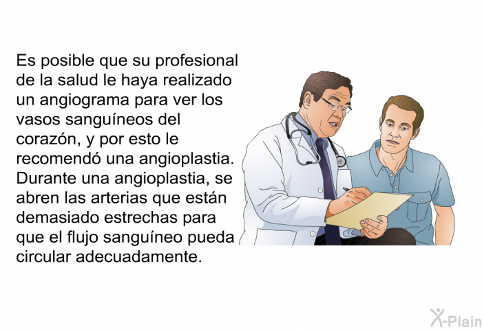 Es posible que su profesional de la salud le haya realizado un angiograma para ver los vasos sanguneos del corazn, y por esto le recomend una angioplastia. Durante una angioplastia, se abren las arterias que estn demasiado estrechas para que el flujo sanguneo pueda circular adecuadamente.