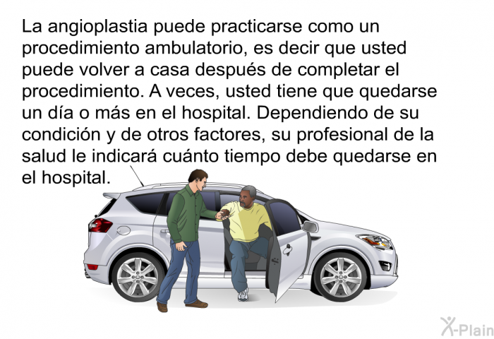 La angioplastia puede practicarse como un procedimiento ambulatorio, es decir que usted puede volver a casa despu�s de completar el procedimiento. A veces, usted tiene que quedarse un d�a o m�s en el hospital. Dependiendo de su condici�n y de otros factores, su profesional de la salud le indicar� cu�nto tiempo debe quedarse en el hospital.