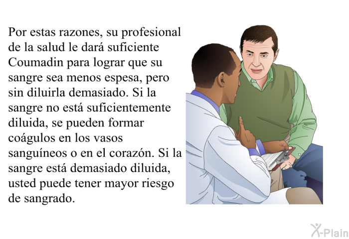 Por estas razones, su profesional de la salud le dar suficiente Coumadin para lograr que su sangre sea menos espesa, pero sin diluirla demasiado. Si la sangre no est suficientemente diluida, se pueden formar cogulos en los vasos sanguneos o en el corazn. Si la sangre est demasiado diluida, usted puede tener mayor riesgo de sangrado.