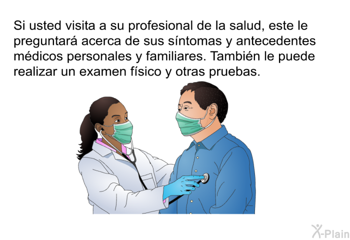 Si usted visita a su profesional de la salud, este le preguntar acerca de sus sntomas y antecedentes mdicos personales y familiares. Tambin le puede realizar un examen fsico y otras pruebas.