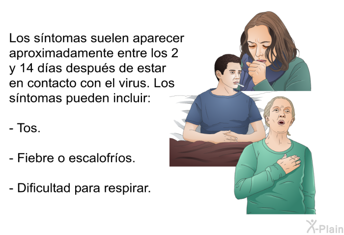 Los s�ntomas suelen aparecer aproximadamente entre los 2 y 14 d�as despu�s de estar en contacto con el virus. Los s�ntomas pueden incluir:  Tos. Fiebre o escalofr�os. Dificultad para respirar.