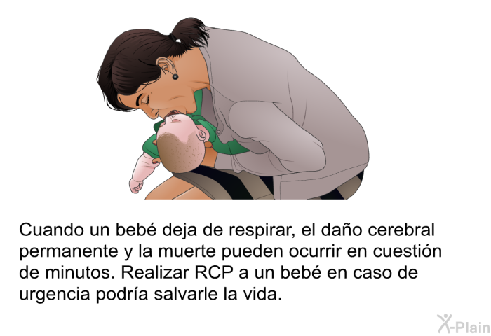 Cuando un beb deja de respirar, el dao cerebral permanente y la muerte pueden ocurrir en cuestin de minutos. Realizar RCP a un beb en caso de urgencia podra salvarle la vida.