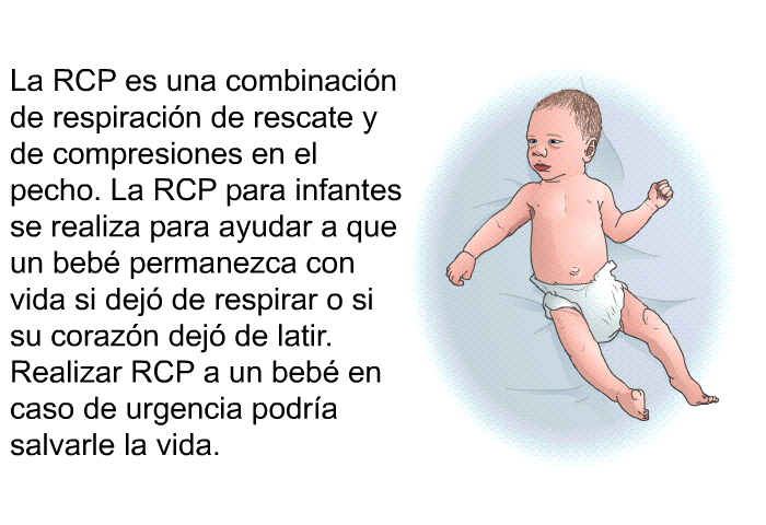La RCP es una combinacin de respiracin de rescate y de compresiones en el pecho. La RCP para infantes se realiza para ayudar a que un beb permanezca con vida si dej de respirar o si su corazn dej de latir. Realizar RCP a un beb en caso de urgencia podra salvarle la vida.