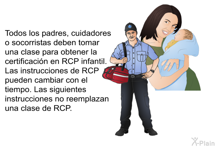 Todos los padres, cuidadores o socorristas deben tomar una clase para obtener la certificacin en RCP infantil. Las instrucciones de RCP pueden cambiar con el tiempo. Las siguientes instrucciones no reemplazan una clase de RCP.