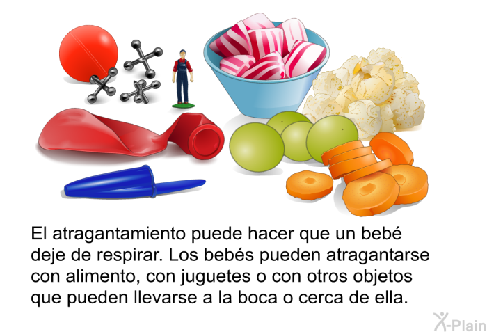 El atragantamiento puede hacer que un beb deje de respirar. Los bebs pueden atragantarse con alimento, con juguetes o con otros objetos que pueden llevarse a la boca o cerca de ella.