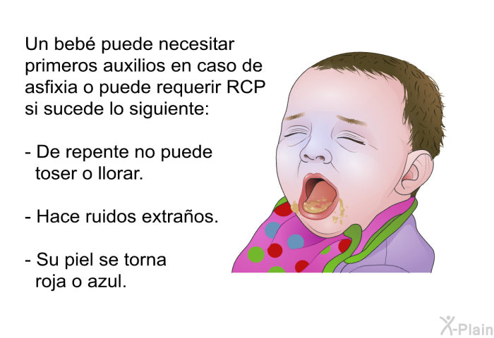 Un beb puede necesitar primeros auxilios en caso de asfixia o puede requerir RCP si sucede lo siguiente:  De repente no puede toser o llorar. Hace ruidos extraos. Su piel se torna roja o azul.