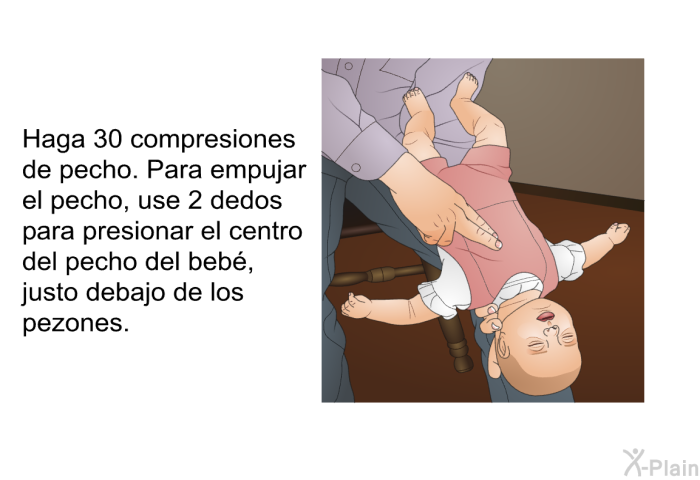Haga 30 compresiones de pecho. Para empujar el pecho, use 2 dedos para presionar el centro del pecho del beb, justo debajo de los pezones.