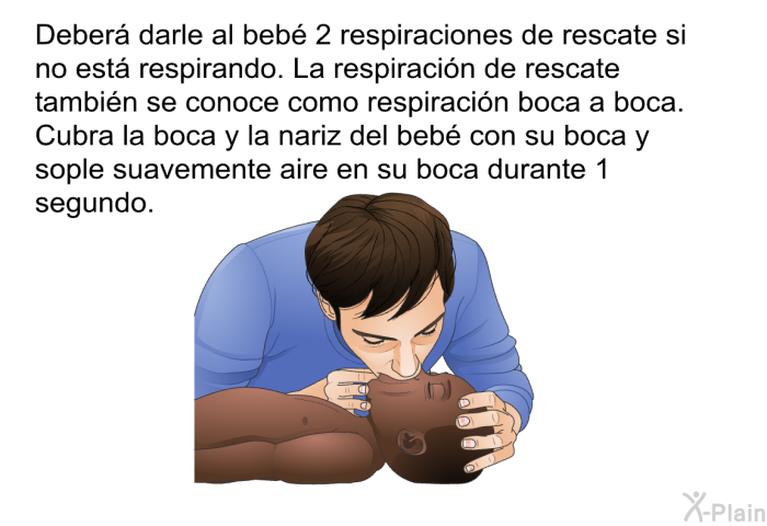 Deber darle al beb 2 respiraciones de rescate si no est respirando. La respiracin de rescate tambin se conoce como respiracin boca a boca. Cubra la boca y la nariz del beb con su boca y sople suavemente aire en su boca durante 1 segundo.