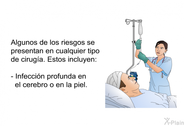 Algunos de los riesgos se presentan en cualquier tipo de ciruga. Estos incluyen:  Infeccin profunda en el cerebro o en la piel.