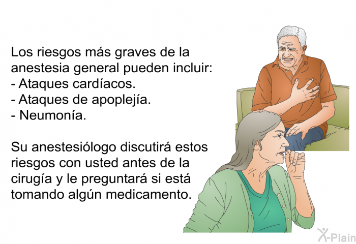 Los riesgos ms graves de la anestesia general pueden incluir:  Ataques cardacos. Ataques de apopleja. Neumona.  
 Su anestesilogo discutir estos riesgos con usted antes de la ciruga y le preguntar si est tomando algn medicamento.