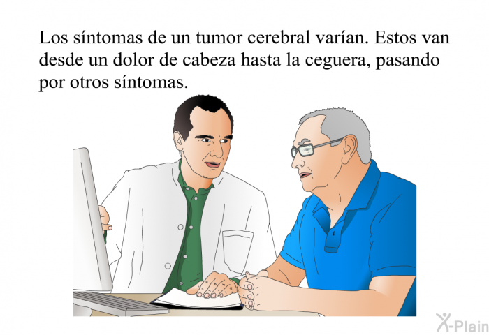 Los sntomas de un tumor cerebral varan. Estos van desde un dolor de cabeza hasta la ceguera, pasando por otros sntomas.