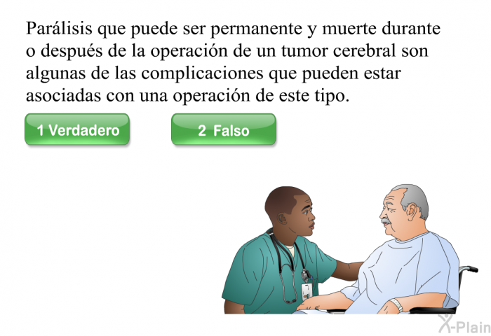 Parlisis que puede ser permanente y muerte durante o despus de la operacin de un tumor cerebral son algunas de las complicaciones que pueden estar asociadas con una operacin de este tipo.