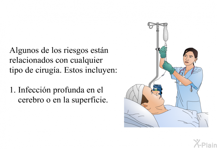Algunos de los riesgos estn relacionados con cualquier tipo de ciruga. Estos incluyen:  Infeccin profunda en el cerebro o en la superficie.