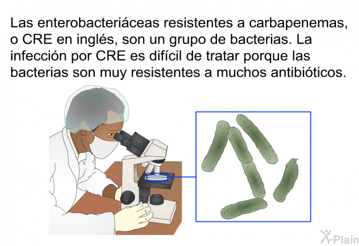 Las enterobactericeas resistentes a carbapenemas, o CRE en ingls, son un grupo de bacterias. La infeccin por CRE es difcil de tratar porque las bacterias son muy resistentes a muchos antibiticos.