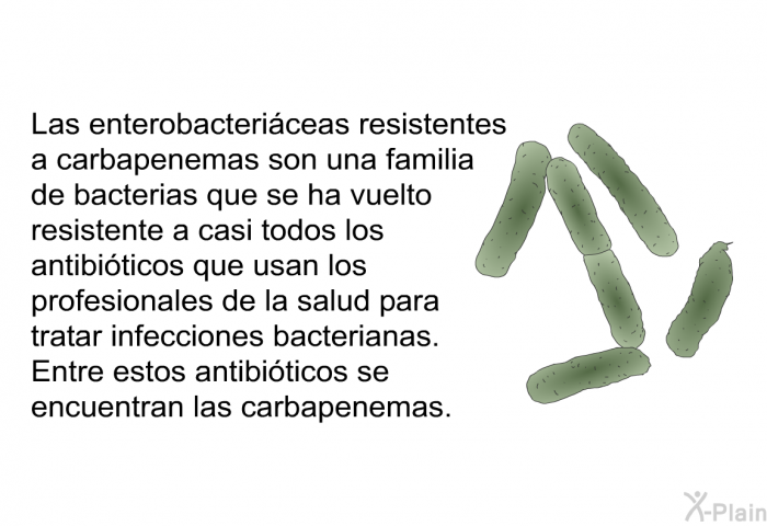 Las enterobactericeas resistentes a carbapenemas son una familia de bacterias que se ha vuelto resistente a casi todos los antibiticos que usan los profesionales de la salud para tratar infecciones bacterianas. Entre estos antibiticos se encuentran las carbapenemas.