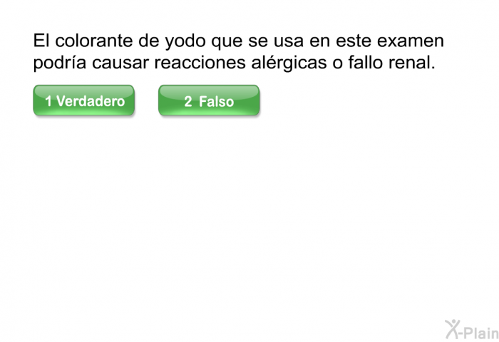 El colorante de yodo que se usa en este examen podra causar reacciones alrgicas o fallo renal.