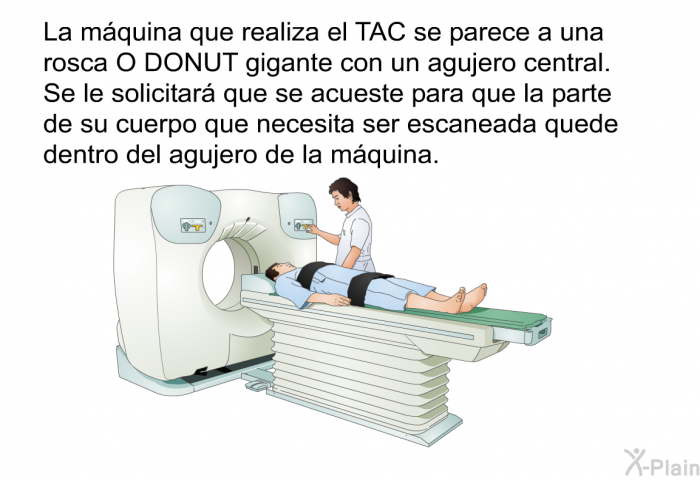 La mquina que realiza el TAC se parece a una rosca O DONUT gigante con un agujero central. Se le solicitar que se acueste para que la parte de su cuerpo que necesita ser escaneada quede dentro del agujero de la mquina.