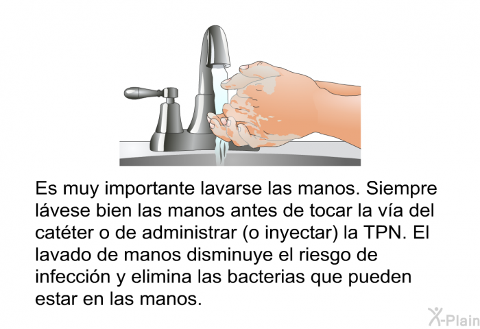 Es muy importante lavarse las manos. Siempre lvese bien las manos antes de tocar la va del catter o de administrar (o inyectar) la TPN. El lavado de manos disminuye el riesgo de infeccin y elimina las bacterias que pueden estar en las manos.