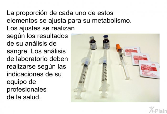 La proporcin de cada uno de estos elementos se ajusta para su metabolismo. Los ajustes se realizan segn los resultados de su anlisis de sangre. Los anlisis de laboratorio deben realizarse segn las indicaciones de su equipo de profesionales de la salud.