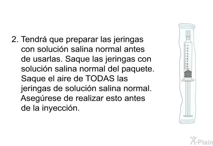 Tendr que preparar las jeringas con solucin salina normal antes de usarlas. Saque las jeringas con solucin salina normal del paquete. Saque el aire de TODAS las jeringas de solucin salina normal. Asegrese de realizar esto antes de la inyeccin.