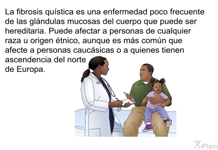 La fibrosis qustica es una enfermedad poco frecuente de las glndulas mucosas del cuerpo que puede ser hereditaria. Puede afectar a personas de cualquier raza u origen tnico, aunque es ms comn que afecte a personas caucsicas o a quienes tienen ascendencia del norte de Europa.