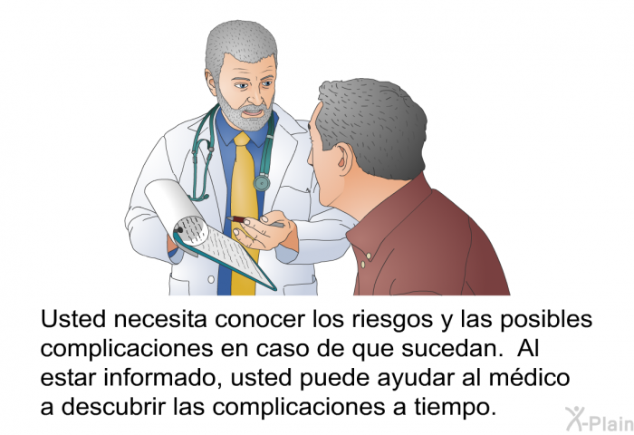 Usted necesita conocer los riesgos y las posibles complicaciones en caso de que sucedan. Al estar informado, usted puede ayudar al m�dico a descubrir las complicaciones a tiempo.