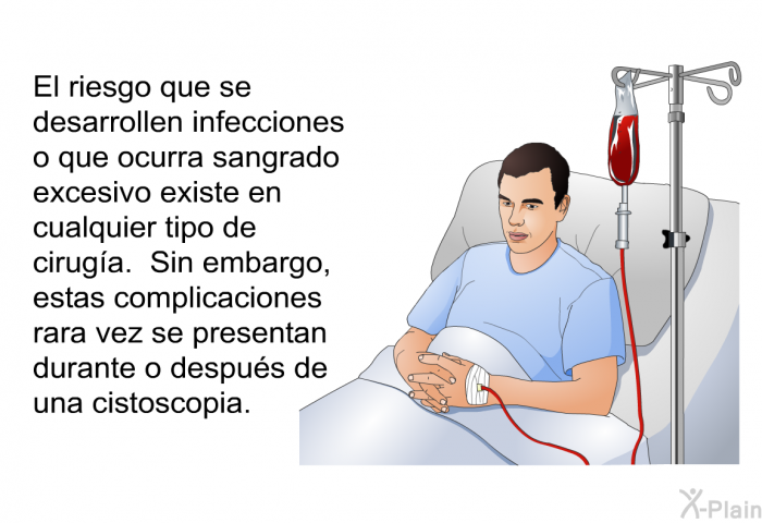 El riesgo que se desarrollen infecciones o que ocurra sangrado excesivo existe en cualquier tipo de cirug�a. Sin embargo, estas complicaciones rara vez se presentan durante o despu�s de una cistoscopia.